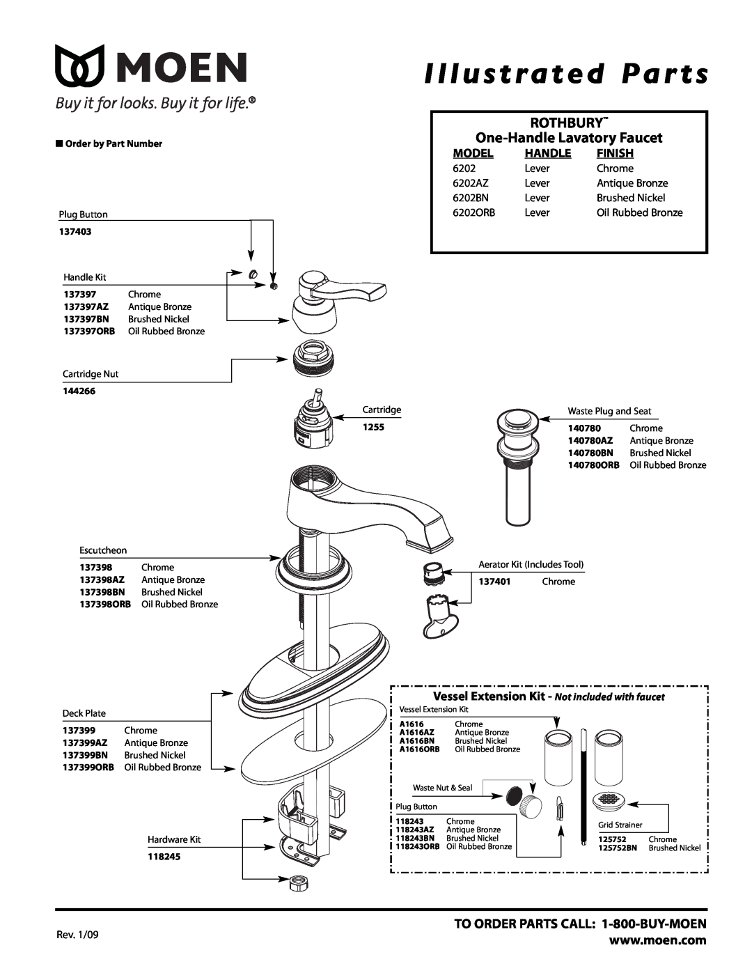 Moen 6202ORB manual Illustrated Par ts, ROTHBURY One-Handle Lavatory Faucet, TO ORDER PARTS CALL 1-800-BUY-MOEN, Model 