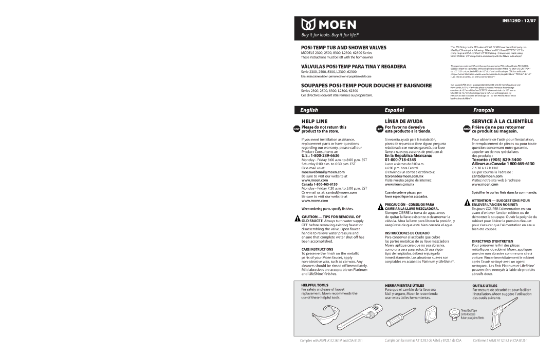 Moen 8300 Series warranty Toronto 905 Ailleurs au Canada 1 800, Moenwebmail@moen.com, En la República Mexicana 