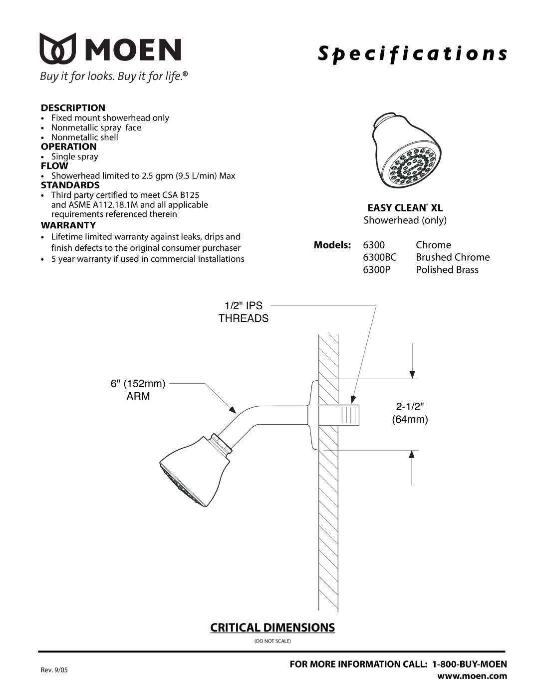 Moen 6300BC, 6300P specifications Specification s 