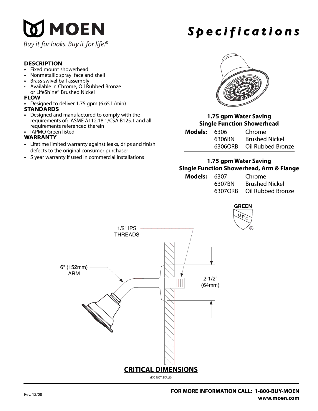 Moen 6307ORB, 6307BN, 6306ORB, 6306BN specifications Specification s 