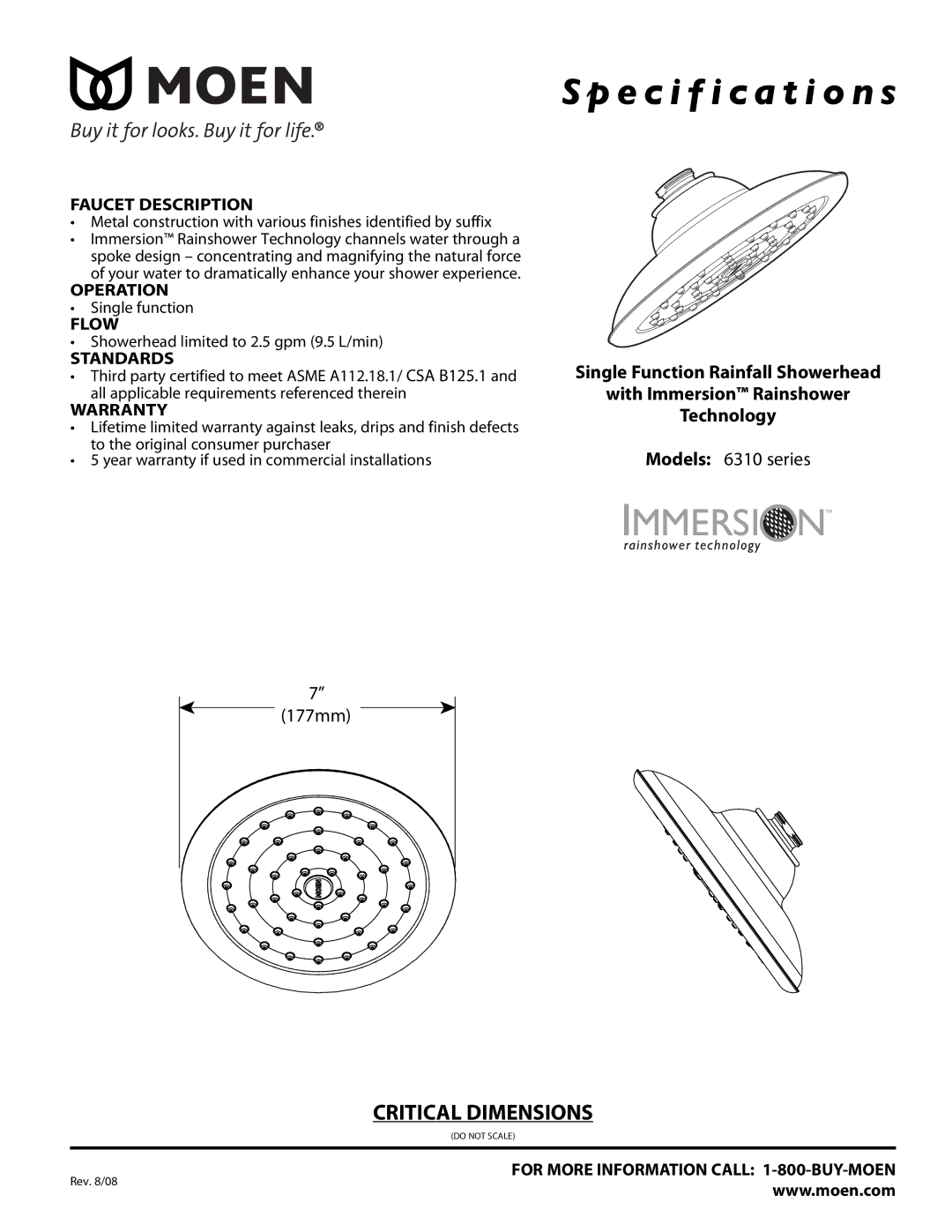 Moen 6310 specifications Specification s 