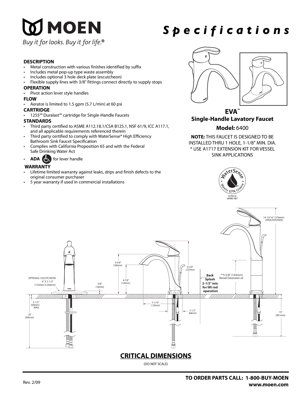 Moen 6400 specifications Specification s, Model, Eva, Single-Handle Lavatory Faucet, To Order Parts Call 1-800-BUY-MOEN 