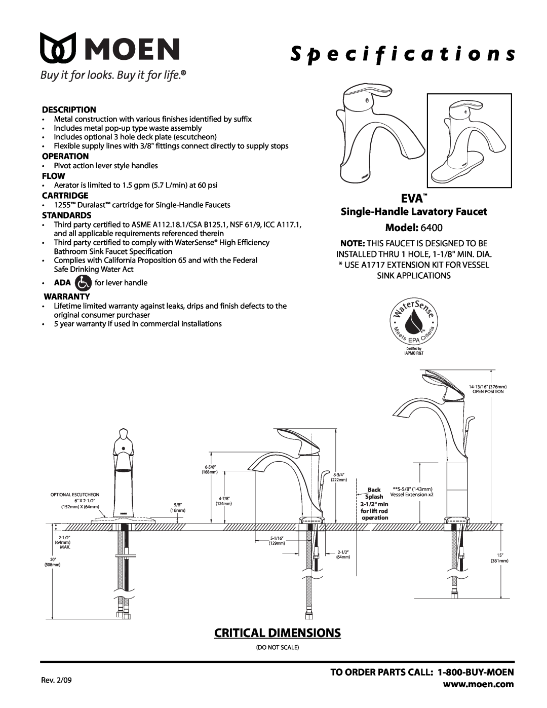Moen 6400 specifications S p e c i f i c a t i o n s, Critical Dimensions, Model, Single-Handle Lavatory Faucet, Operation 