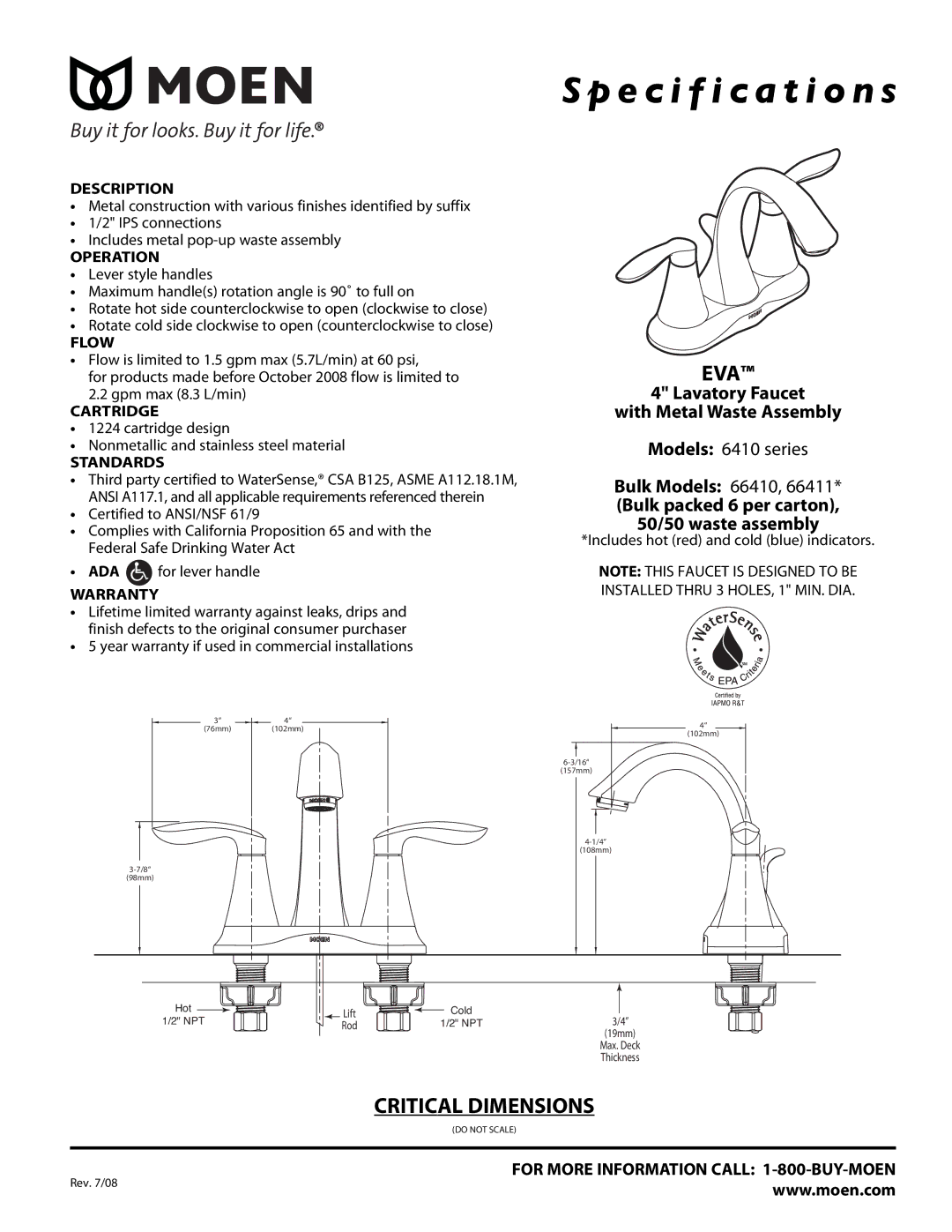 Moen 6410 SERIES specifications Specification s, Eva, Critical Dimensions 