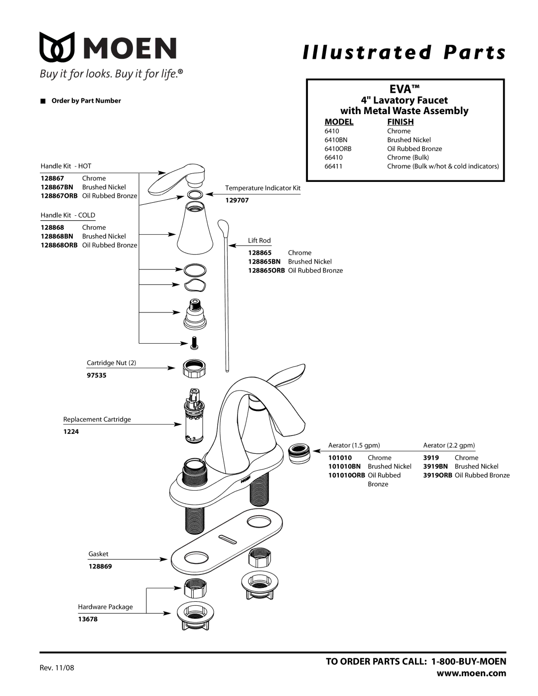 Moen 6410BN manual Illustrated Par ts, Eva, Lavatory Faucet, With Metal Waste Assembly, To Order Parts Call 1-800-BUY-MOEN 