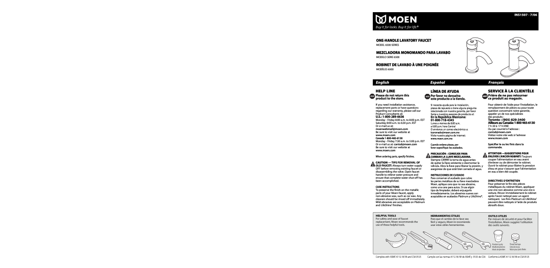Moen 6500 Series warranty English, Español, Français, INS1507 - 7/06, One-Handle Lavatory Faucet, Help Line 