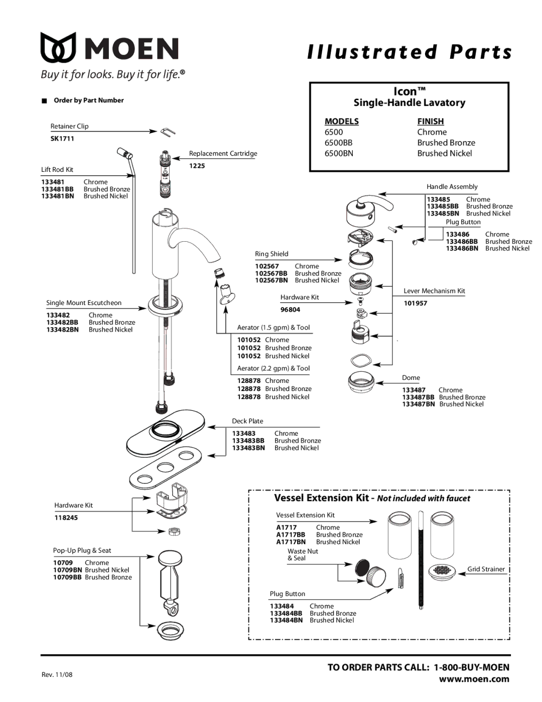 Moen 6500BN, 6500BB, 6500 Chrome manual Illustrated Par ts, Icon, Single-Handle Lavatory, Models Finish 