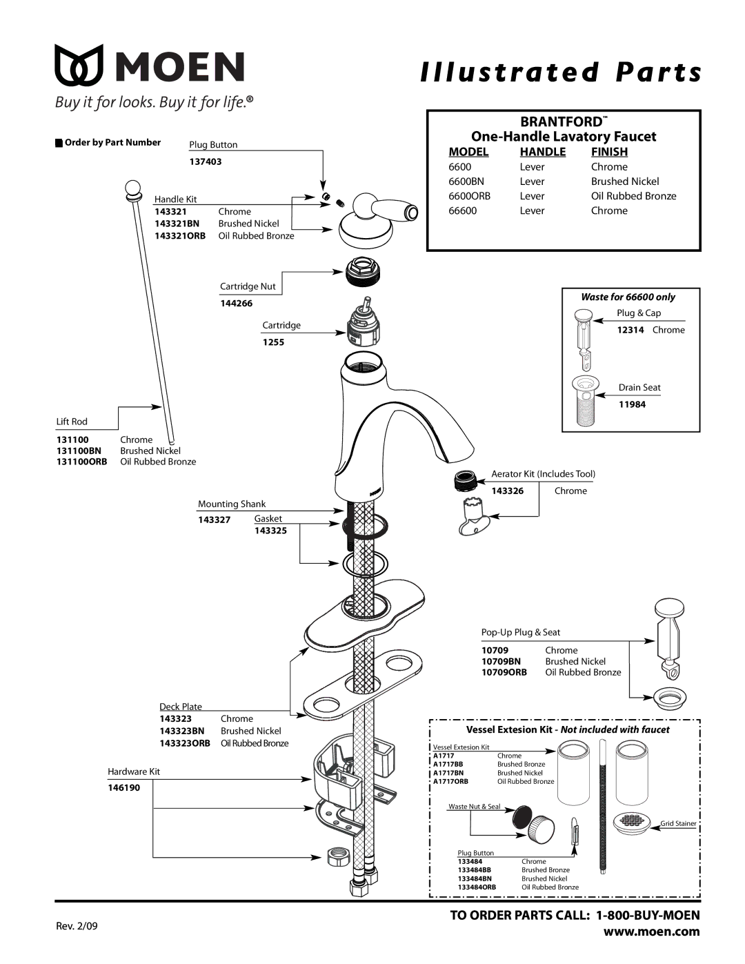 Moen 66600, 6600ORB manual Illustrated Par ts, Brantford, One-Handle Lavatory Faucet, Model Handle Finish 