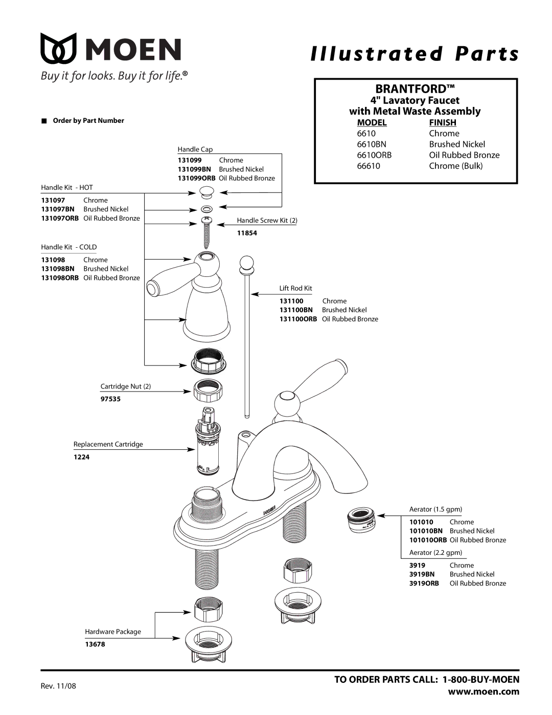 Moen 6610BN, 6610ORB manual Illustrated Par ts, Brantford, Lavatory Faucet, With Metal Waste Assembly 