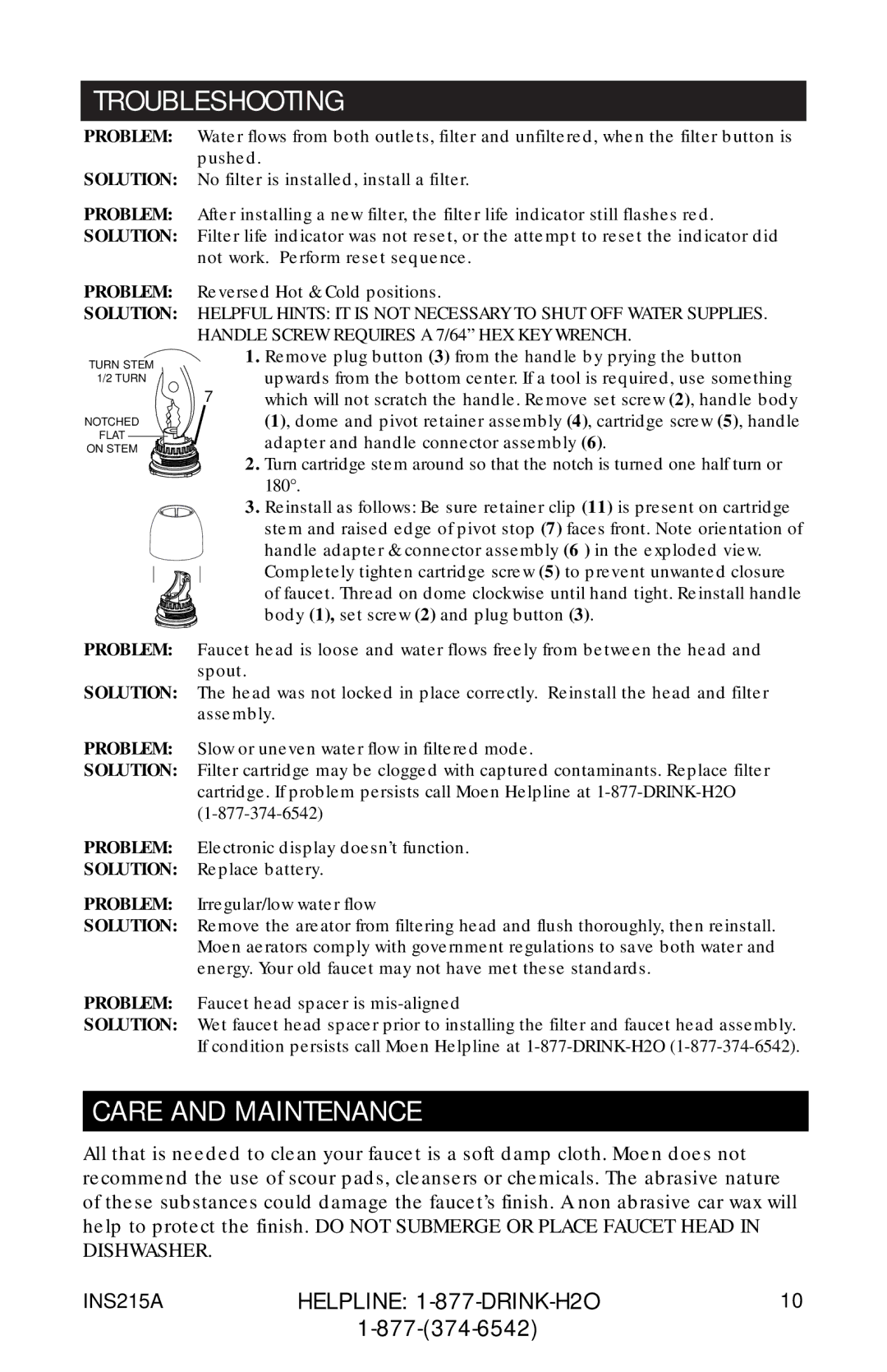 Moen 87034 Series, 7037 87025, 87030 owner manual Troubleshooting, Care and Maintenance 