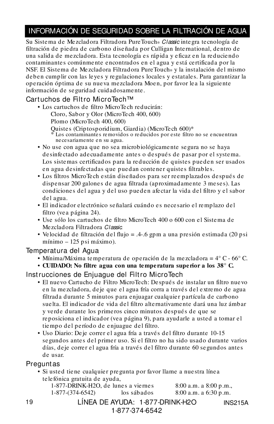 Moen 7037 87025, 87030, 87034 Series owner manual Información DE Seguridad Sobre LA Filtración DE Agua 