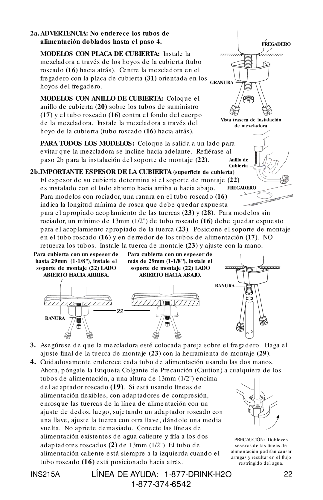 Moen 87030, 7037 87025, 87034 Series owner manual 2b.IMPORTANTE Espesor DE LA Cubierta superficie de cubierta 