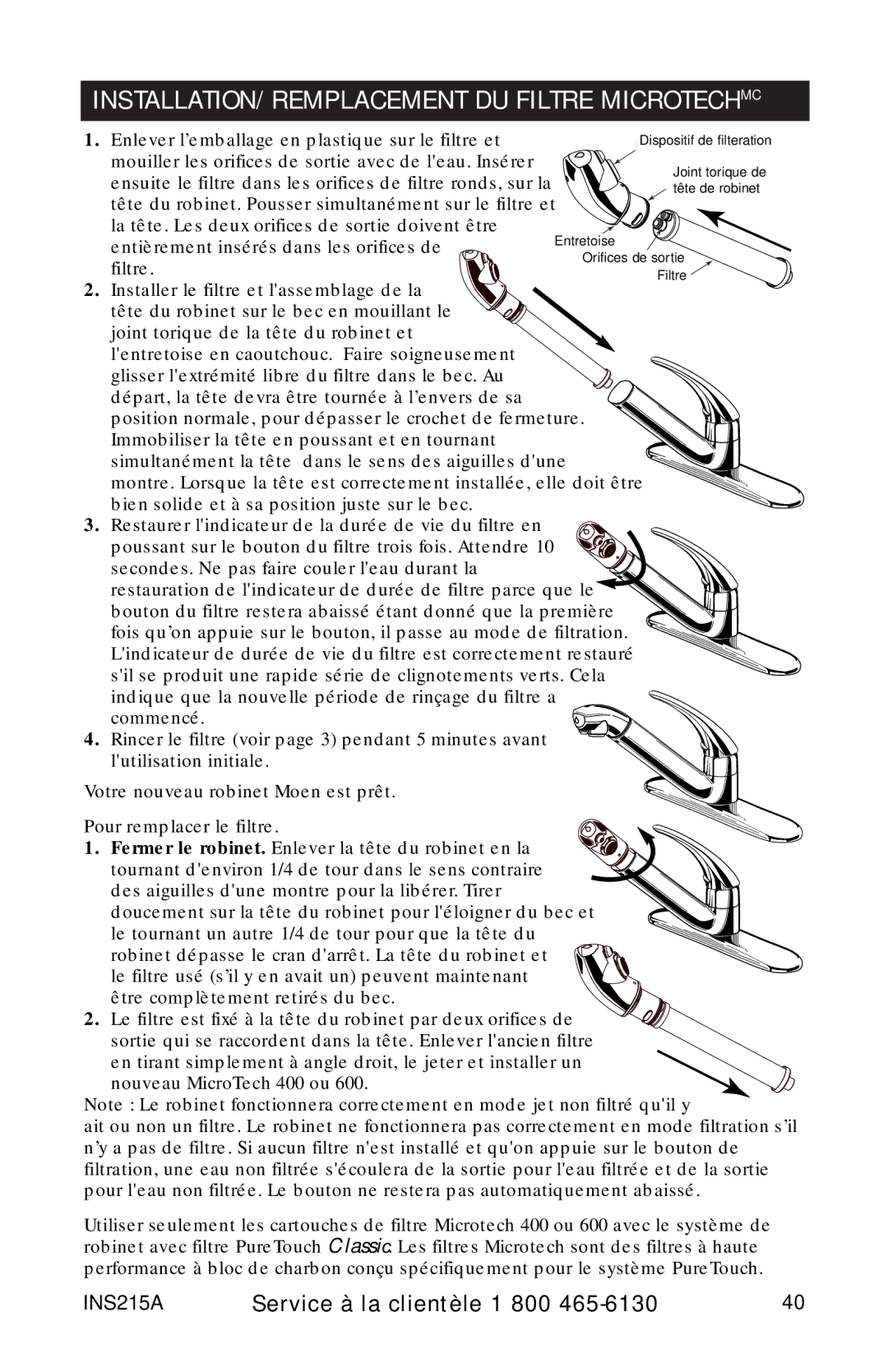 Moen 7037 87025, 87030, 87034 Series owner manual INSTALLATION/REMPLACEMENT DU Filtre Microtechmc 