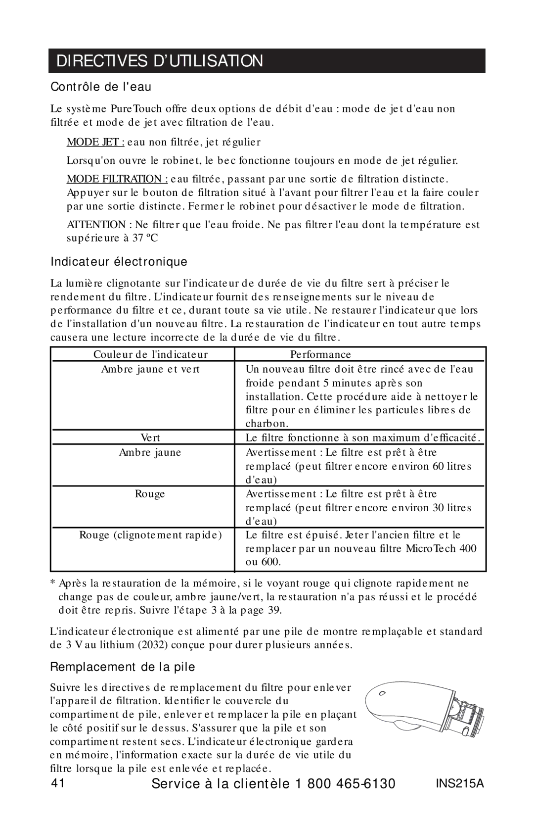 Moen 87030, 7037 87025, 87034 Series owner manual Directives D’UTILISATION, Contrôle de leau 