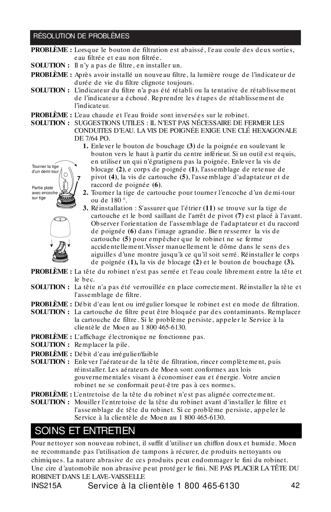 Moen 87034 Series, 7037 87025, 87030 owner manual Soins ET Entretien, Résolution DE Problèmes 