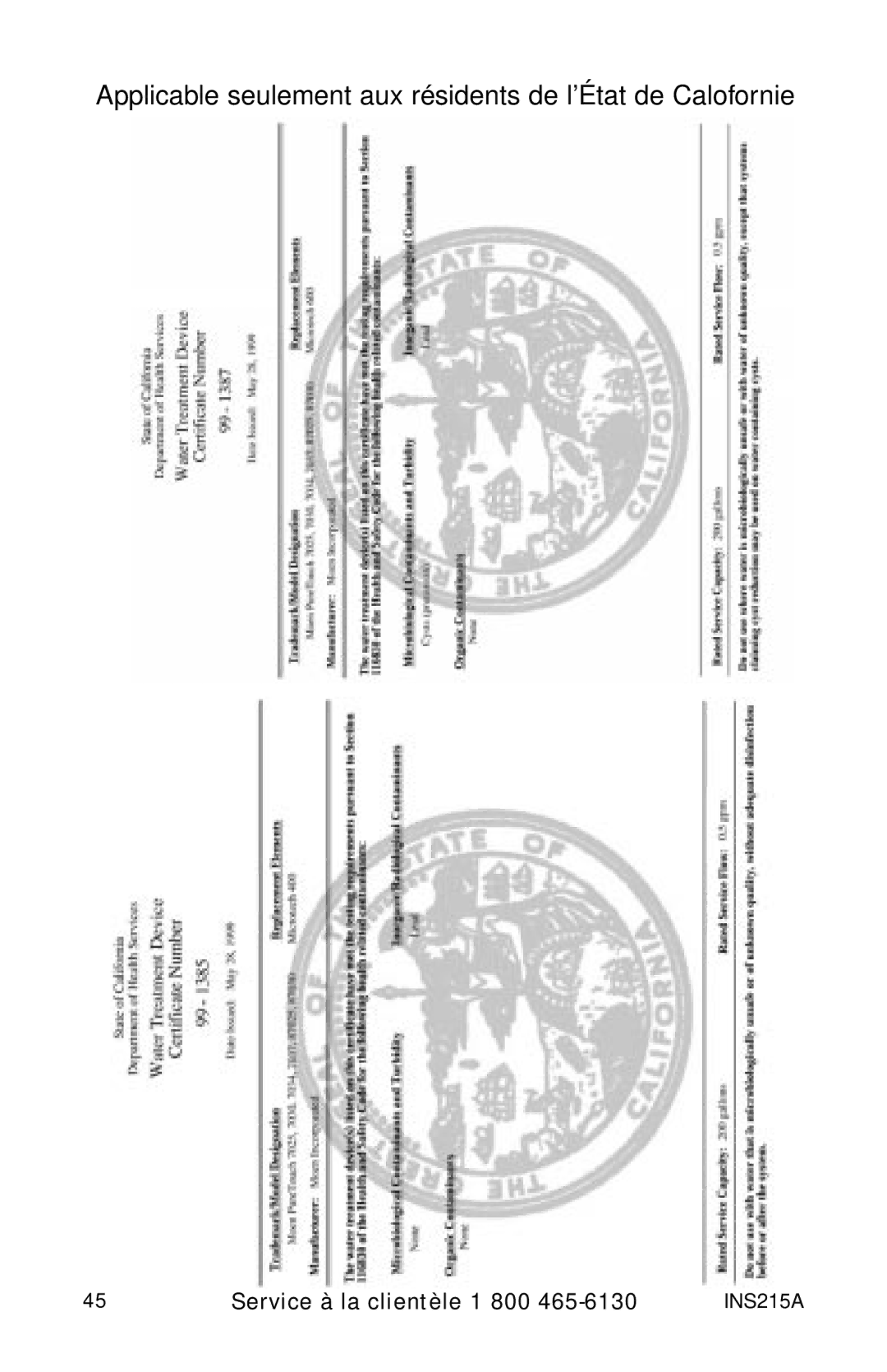 Moen 7037 87025, 87030, 87034 Series owner manual Applicable seulement aux résidents de l’État de Calofornie 