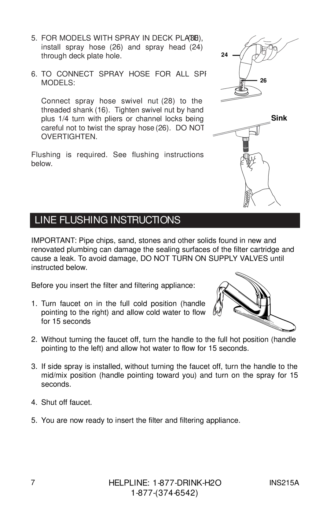 Moen 7037 87025, 87030, 87034 Series Line Flushing Instructions, To Connect Spray Hose for ALL Spray Models 