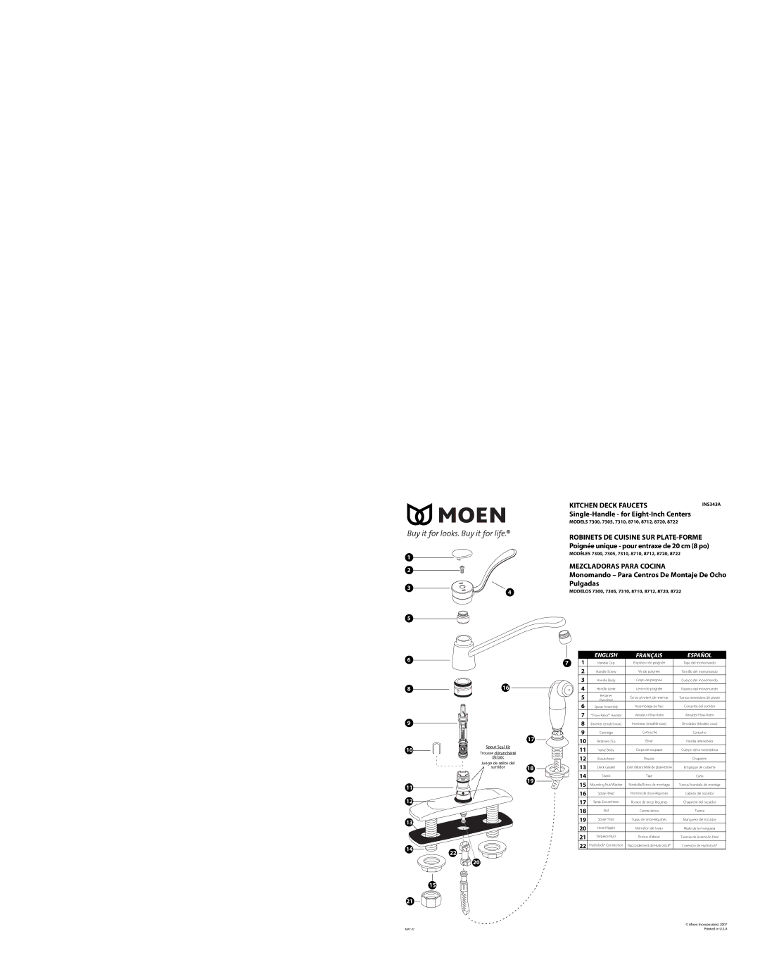 Moen 7305, 7300, 7310, 8720, 8710, 8712, 8722 warranty Kitchen Deck Faucets, Mezcladoras Para Cocina, English Français Español 