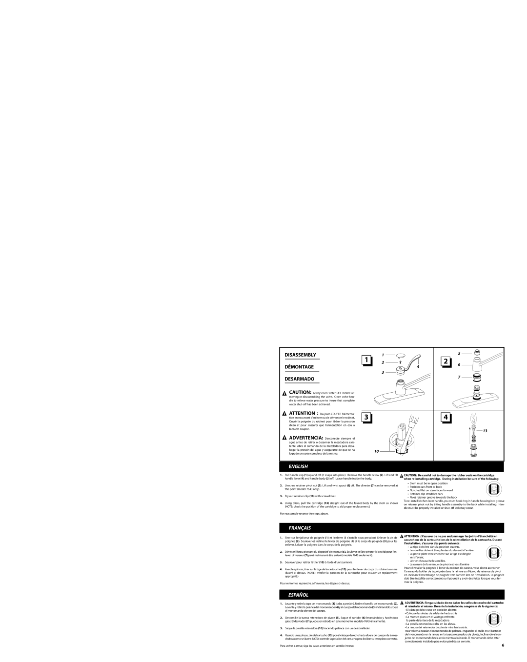 Moen 7300, 7305, 7310, 8720, 8710, 8712, 8722 warranty Disassembly Démontage Desarmado, English 