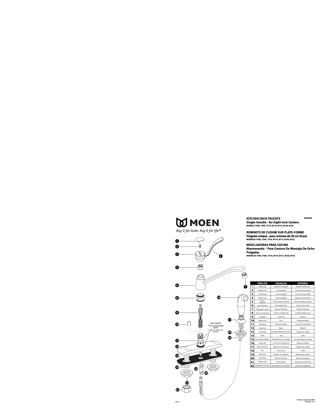 Moen 7310 manual Illustrated Par ts, Single-HandleKitchen Faucet, Model, Finish, 7300, Lever, Chrome 