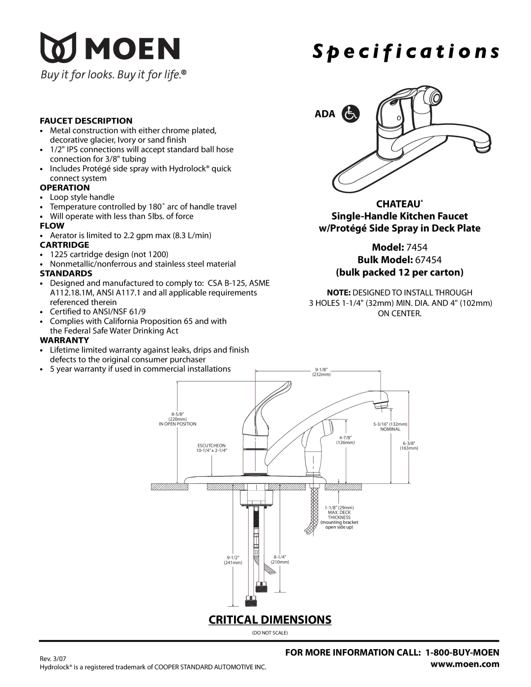 Moen 7454 specifications Specification s, ADA Chateau 