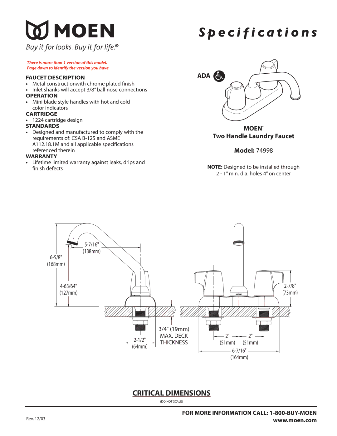 Moen 74998 specifications Specification s, ADA Moen 