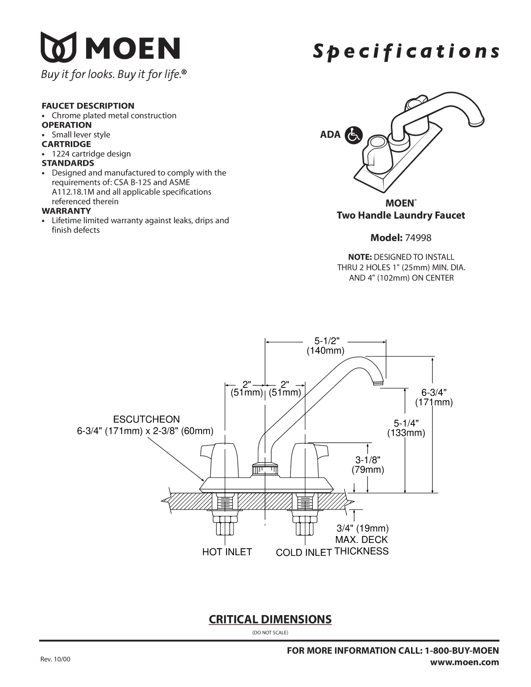 Moen 74998 specifications Specification s, Ada, Two Handle Laundry Faucet, Model 