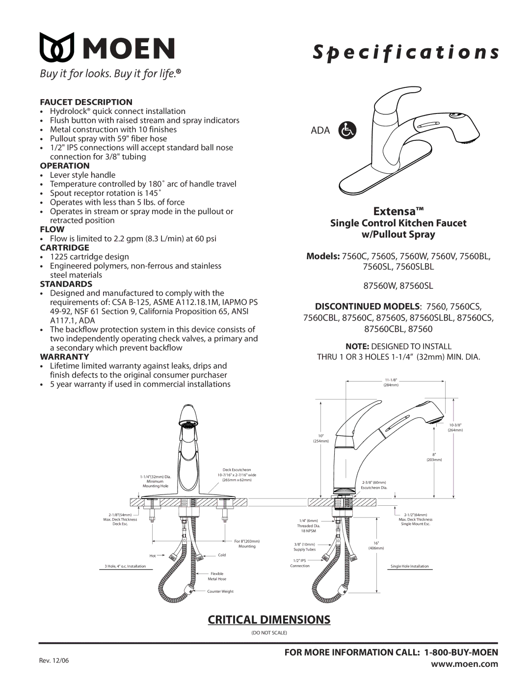 Moen 7560V, 7560BL, 7560SLBL, 7560C, 7560W specifications Faucet Description, Operation, Flow, Cartridge, Standards, Warranty 