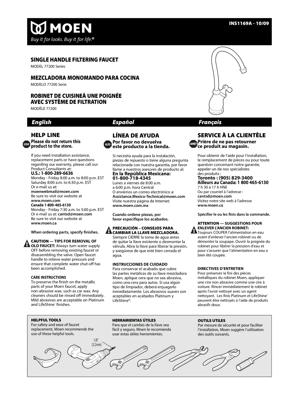 Moen 77200 warranty En la República Mexicana, Canada, When ordering parts, specify finishes, Cantsd@moen.com 