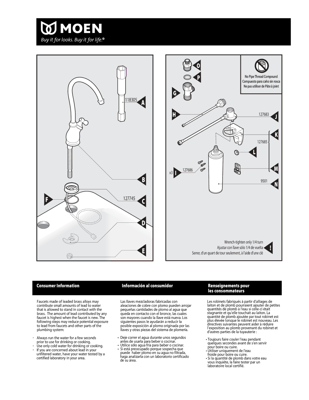 Moen 77200 warranty 127745, Use only cold water for drinking or cooking 