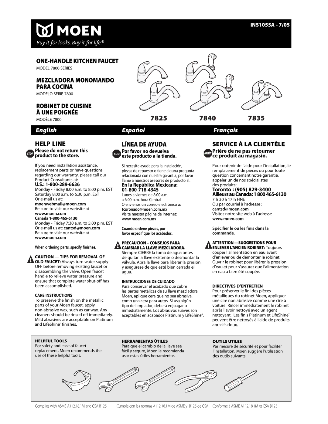 Moen 7800 warranty Canada, When ordering parts, specify finishes, En la República Mexicana, 30 à 17 h HNE 