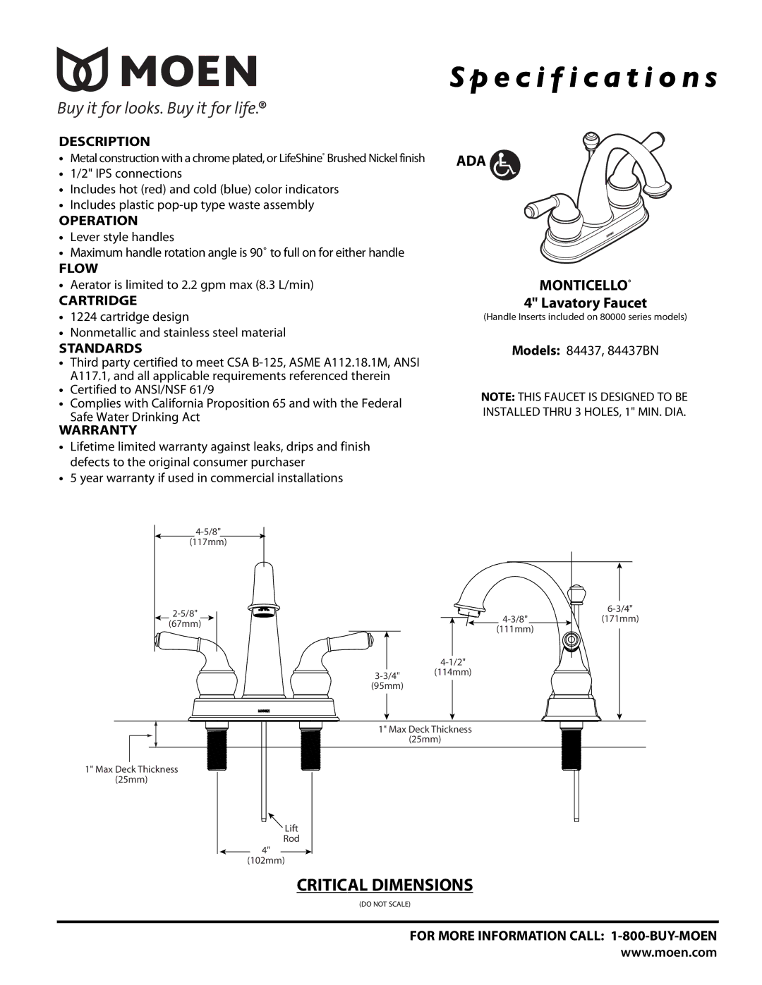 Moen 80000 Series, 84437BN warranty Specification s, ADA Monticello, Lavatory Faucet 