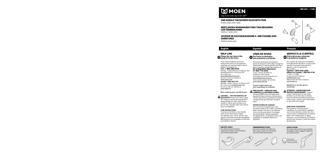 Moen 82001 warranty ONE Handle TUB/SHOWER Valve with Trim, Mezcladora Monomando Para TINA/REGADERA CON Terminaciones 