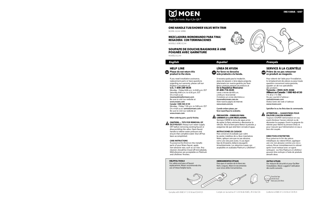 Moen 82244 Series warranty Alto Por favor no devuelva este producto a la tienda, En la República Mexicana, Cantsd@moen.com 