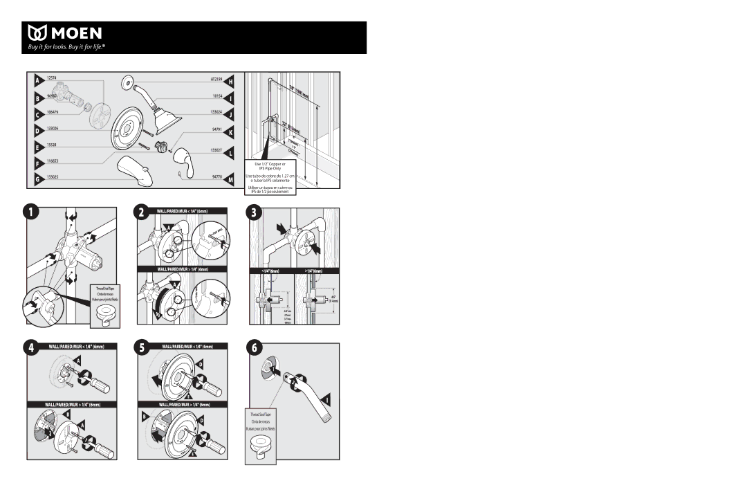 Moen 82244 Series warranty WALL/PARED/MUR 1/4 6mm 