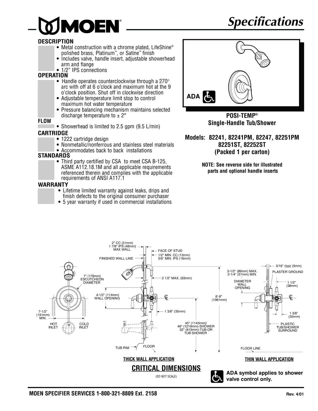 Moen 82251PM, 82251ST, 82241PM, 82252ST, 82247 specifications Specifications, Critical Dimensions, Ada 