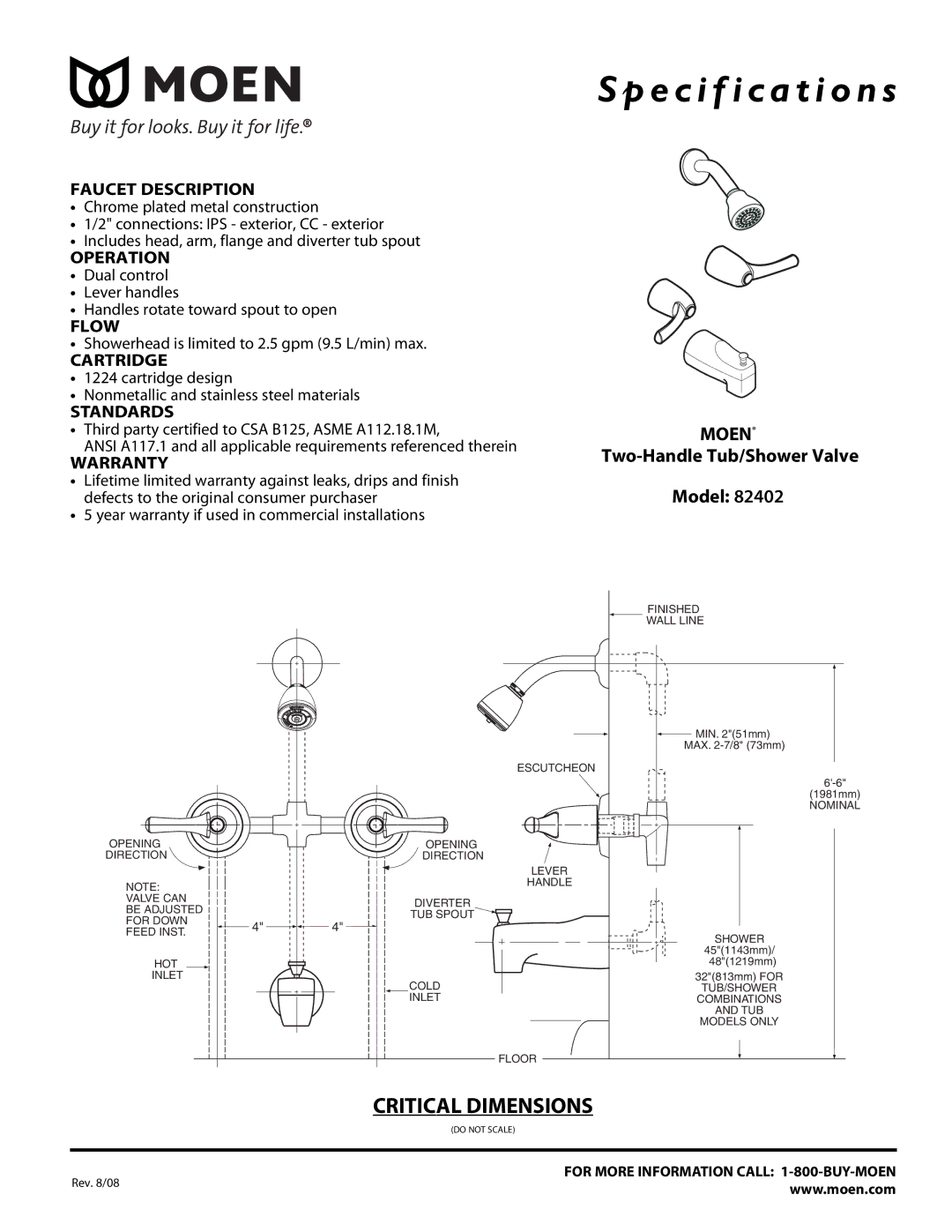 Moen 82402 specifications Specification s, Moen, Two-Handle Tub/Shower Valve Model 