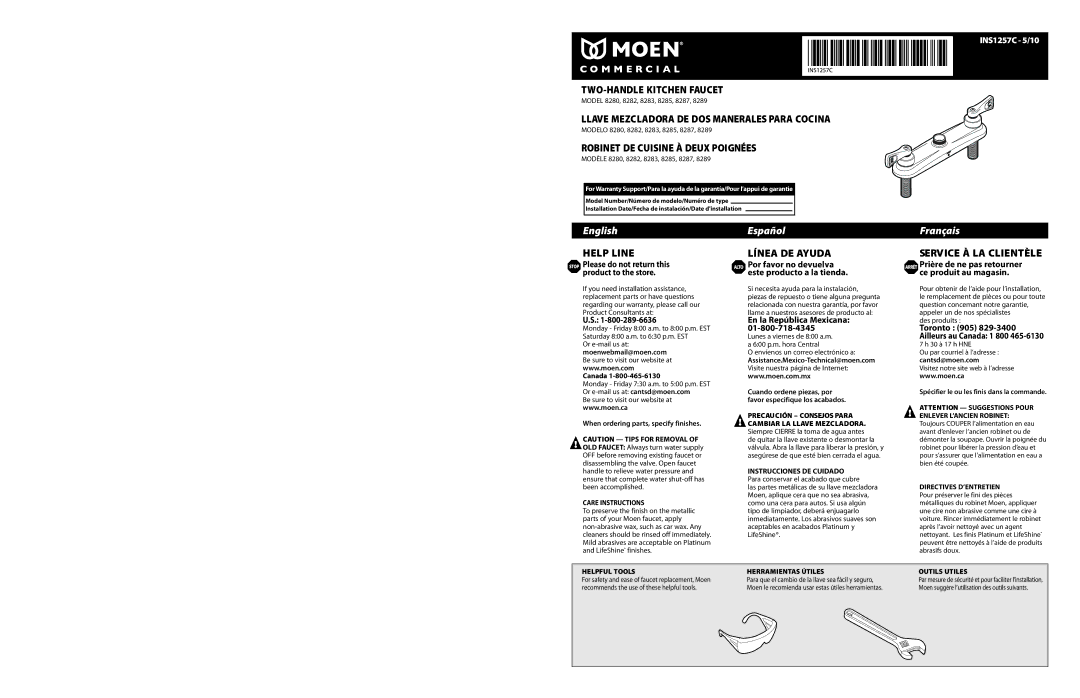 Moen 8282 warranty Canada, When ordering parts, specify finishes, Assistance.Mexico-Technical@moen.com, Cantsd@moen.com 