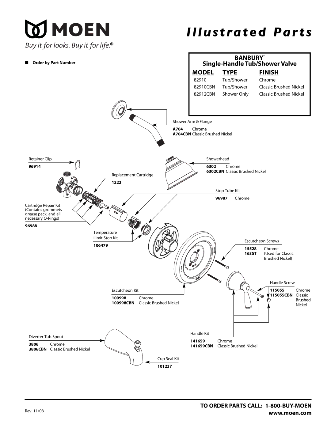 Moen 82912CBN, 82910cbn manual Illustrated Par ts, Banbury, Model Type Finish, 82910 Tub/Shower Chrome 82910CBN 