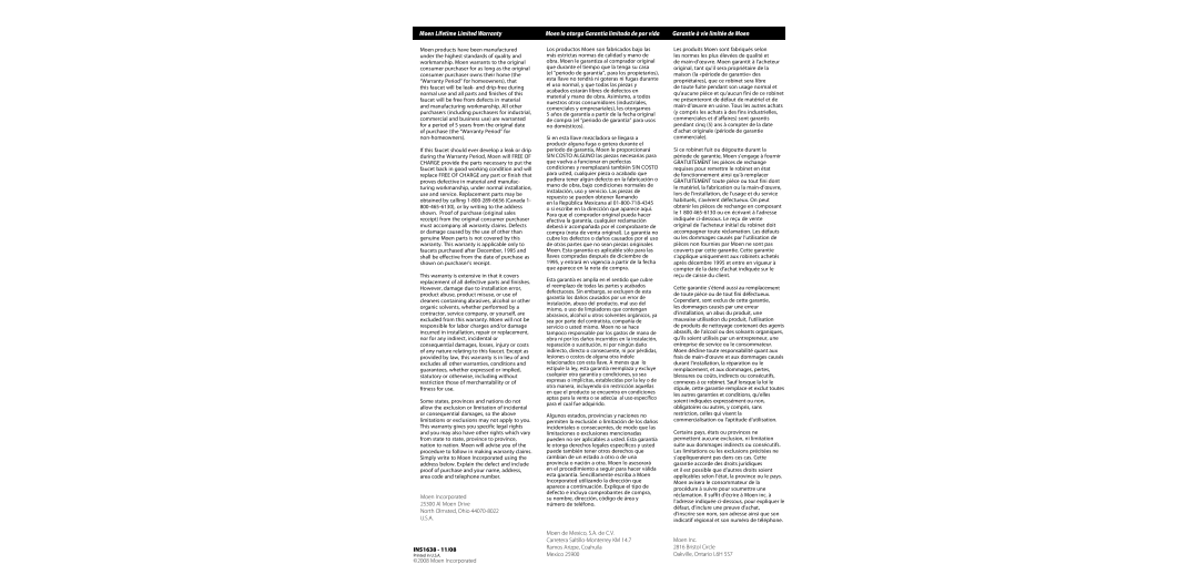 Moen 82912 Series warranty Moen Incorporated Al Moen Drive North Olmsted, Ohio, INS1638 11/08 