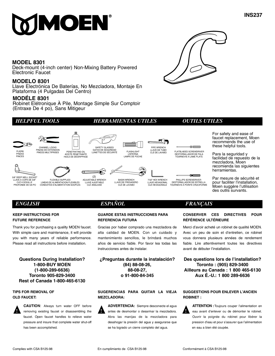 Moen 8301 manual INS237 Model, Modelo, Modéle, Helpful Tools Herramientas Utiles Outils Utiles, English Español Français 