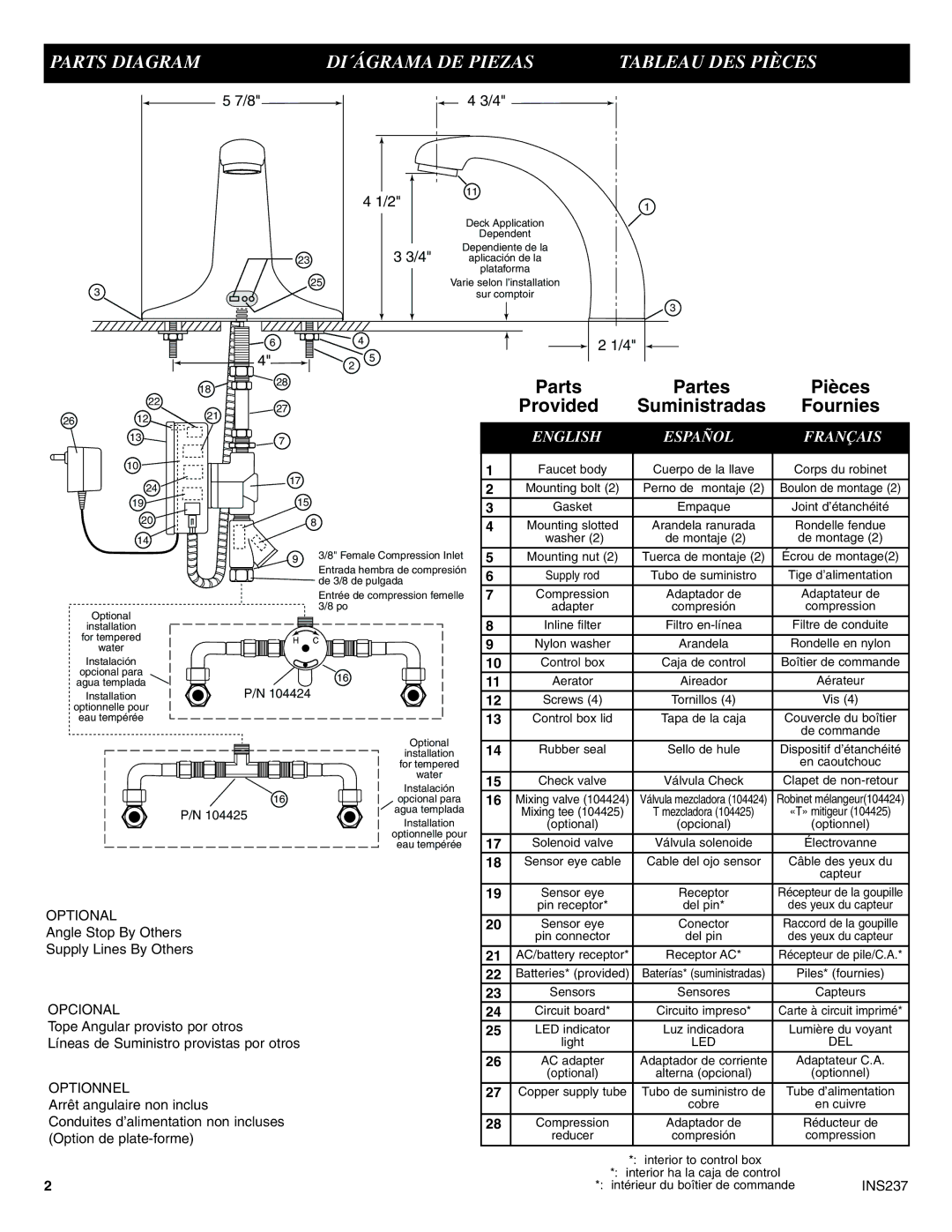 Moen 8301 manual Parts Diagram DI´ÁGRAMA DE Piezas Tableau DES Pièces, Parts Partes Pièces, Suministradas, Led Del 