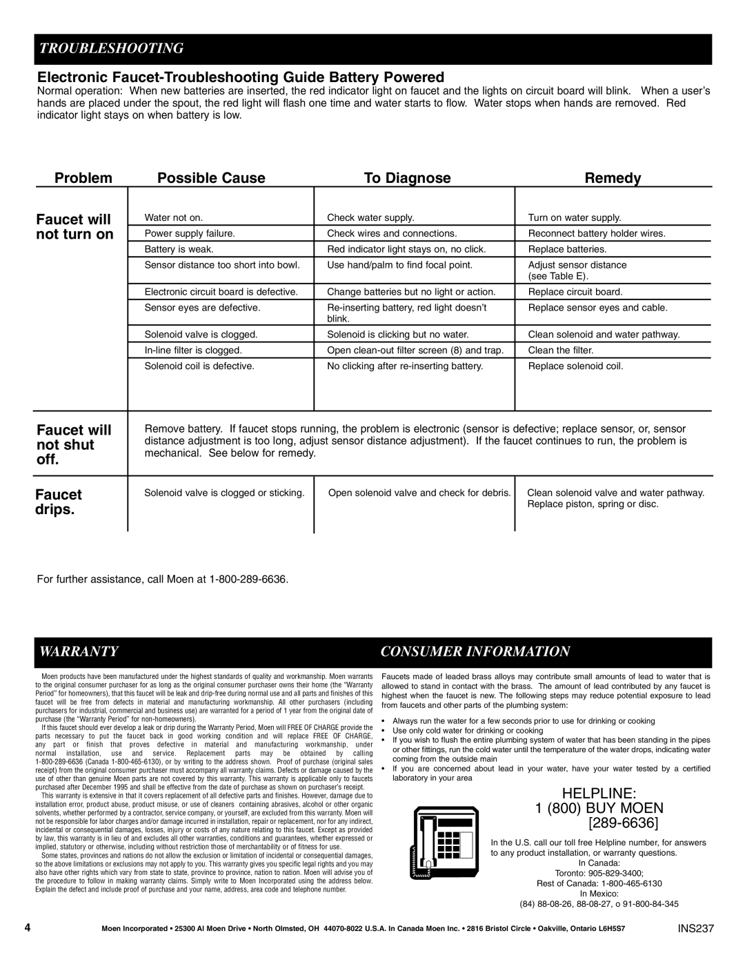 Moen 8301 Electronic Faucet-Troubleshooting Guide Battery Powered, Problem Possible Cause To Diagnose Remedy Faucet will 