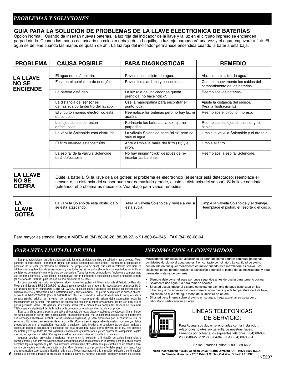 Moen 8301 manual Problema Causa Posible Para Diagnosticar Remedio LA Llave, No SE, Enciende, Cierra, Gotea 