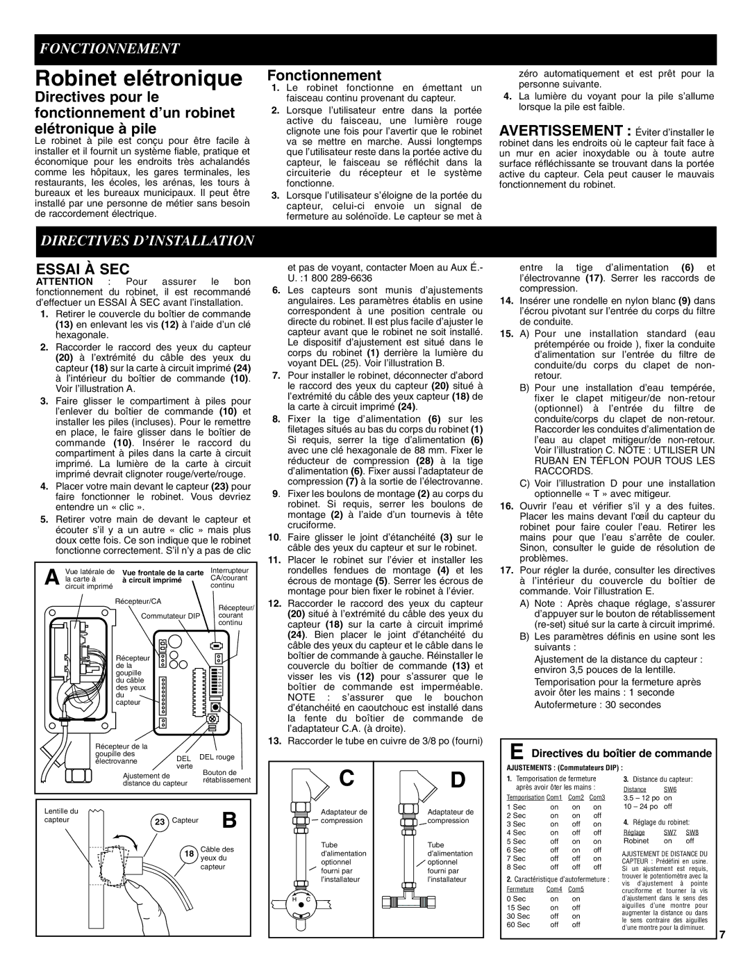 Moen 8301 manual Robinet elétronique, Fonctionnement, Directives D’INSTALLATION, Essai À SEC 