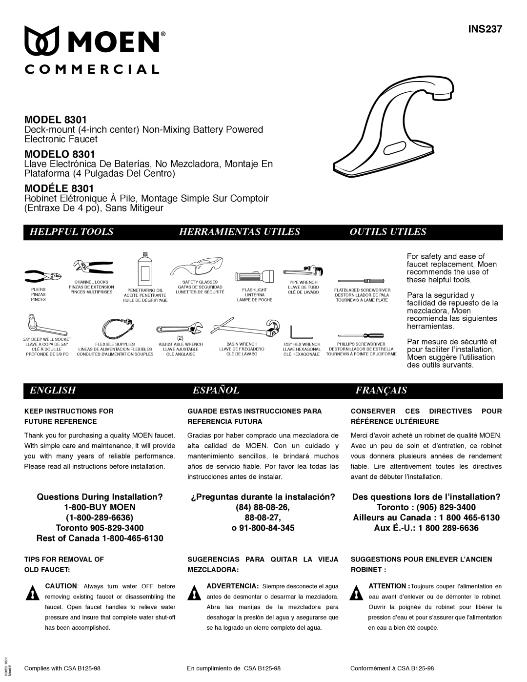 Moen 8301 manual INS237 Model, Modelo, Modéle, Helpful Tools Herramientas Utiles Outils Utiles, English Español Français 