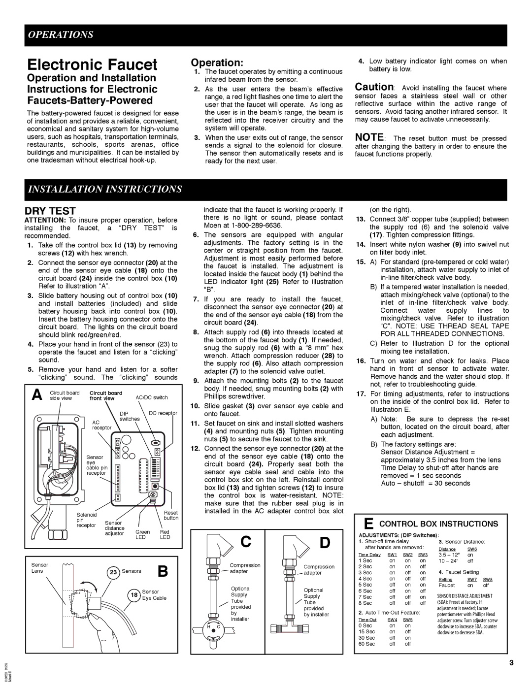 Moen 8301 manual Electronic Faucet, Operations, Installation Instructions, DRY Test 