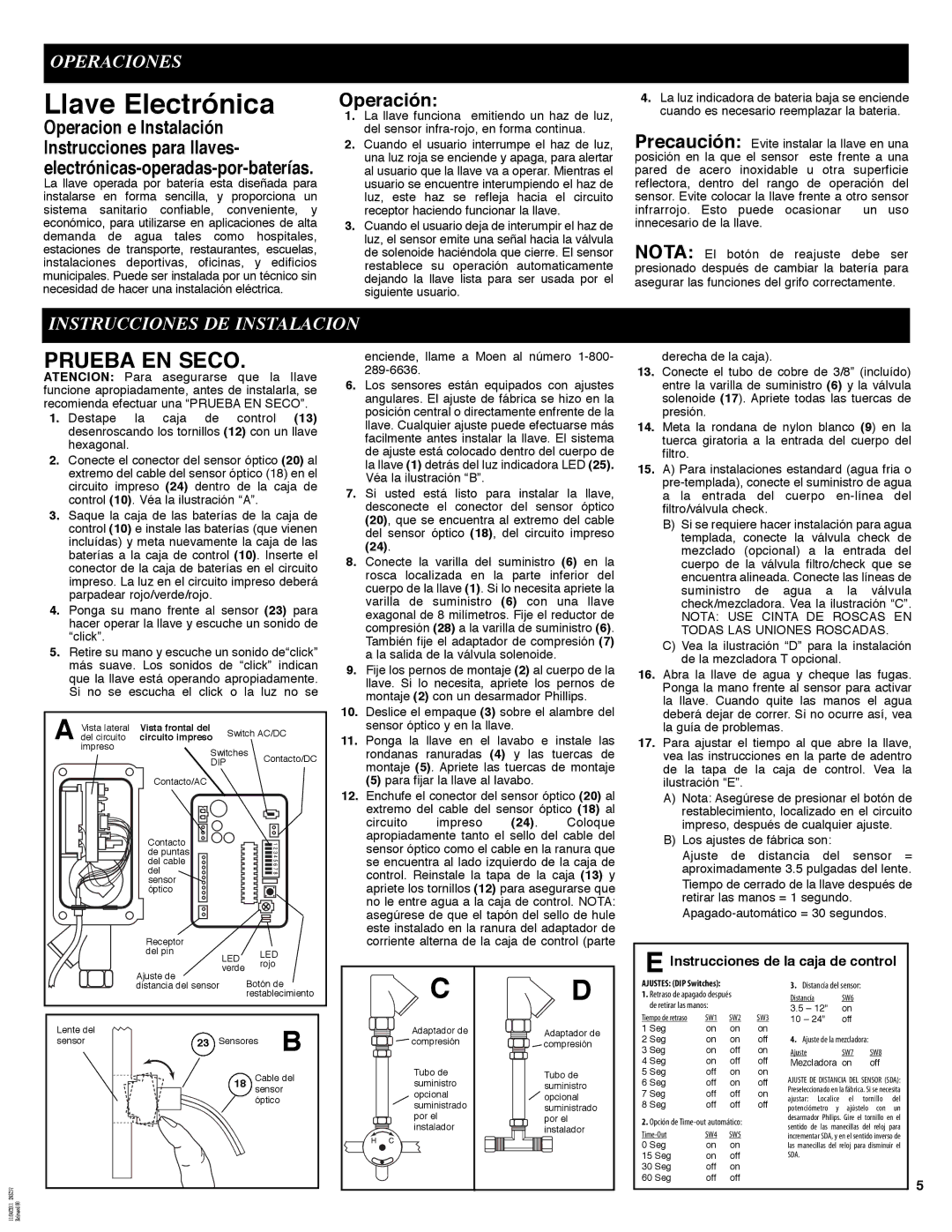 Moen 8301 manual Llave Electrónica, Operaciones, Operación, Instrucciones DE Instalacion 