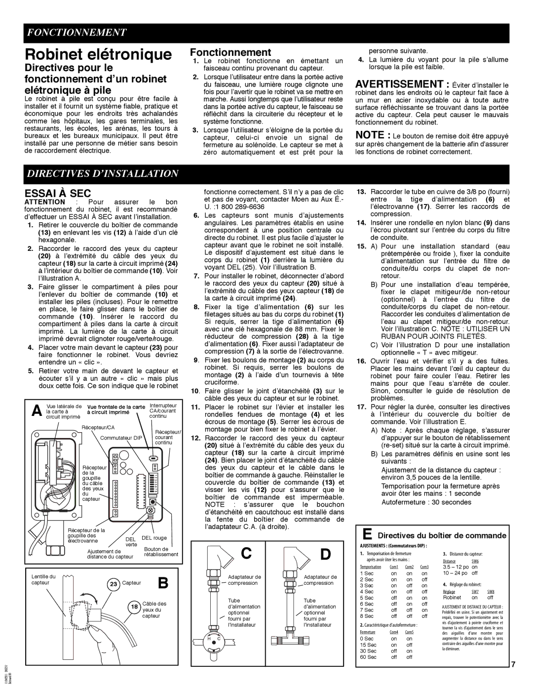 Moen 8301 manual Robinet elétronique, Fonctionnement, Directives D’INSTALLATION, Essai À SEC 