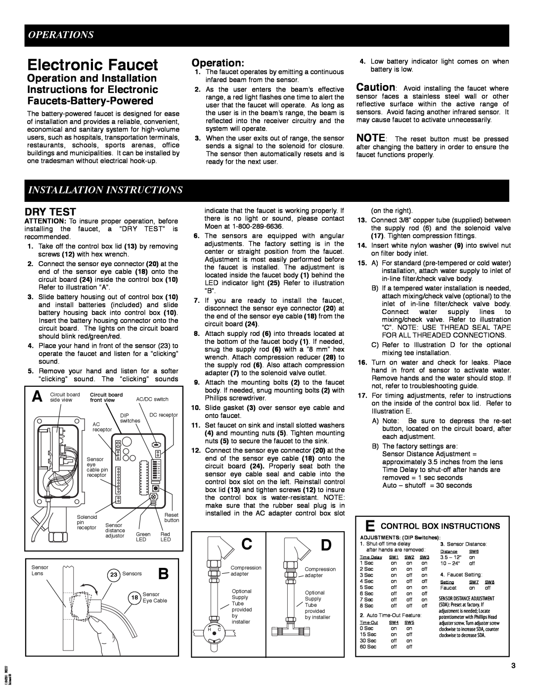 Moen 8301 manual Electronic Faucet, Operations, Operation and Installation Instructions for Electronic, Dry Test 